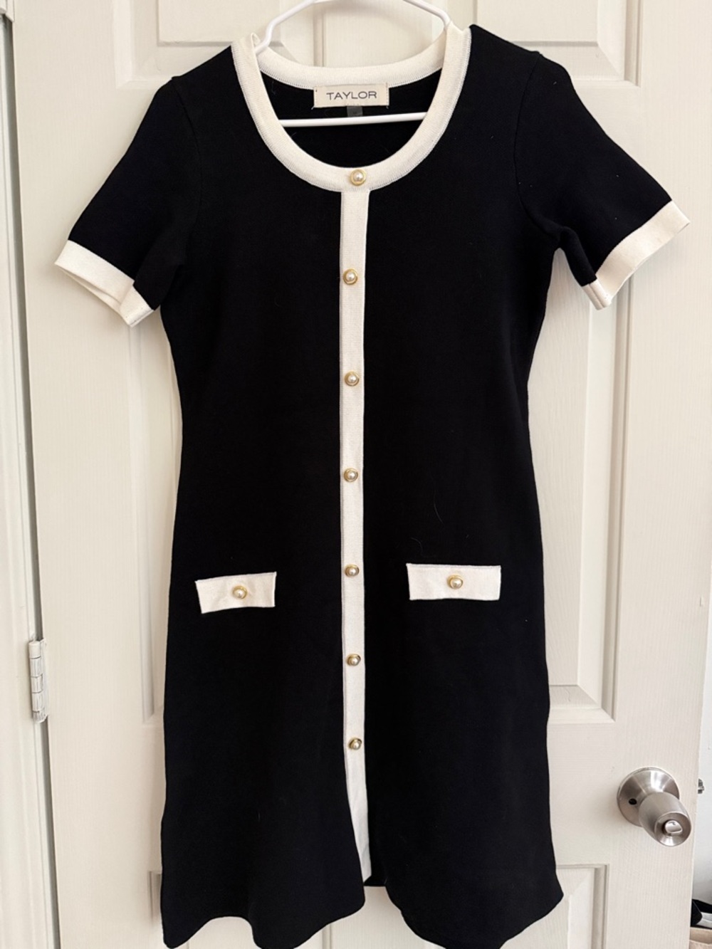 Taylor Black Knit Dress with White Trim and Gold Buttons